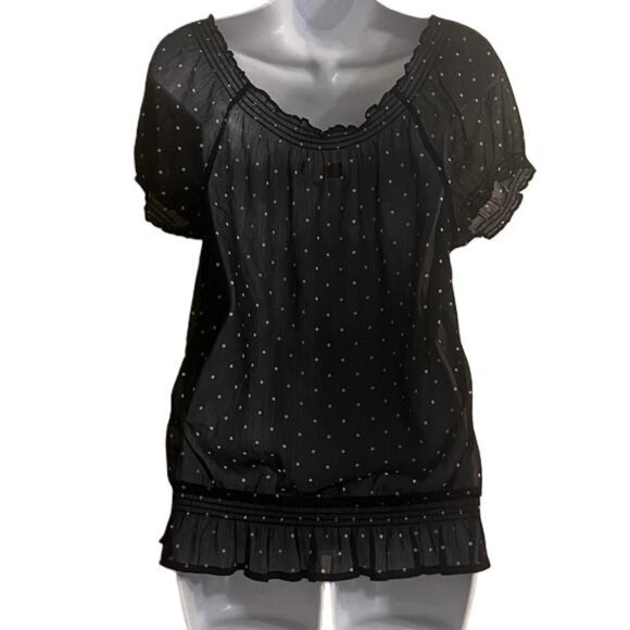 Hollister Black Polka Dot Smocked Off Shoulder Blouse Top Womens Size L - Picture 5 of 5